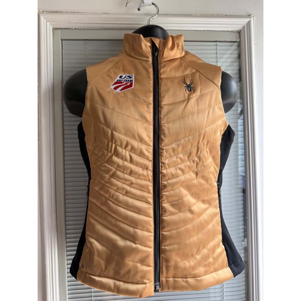 Spyder US Ski Team Vest Womens Medium Gold Puffer Excellent Quilted Full Zip